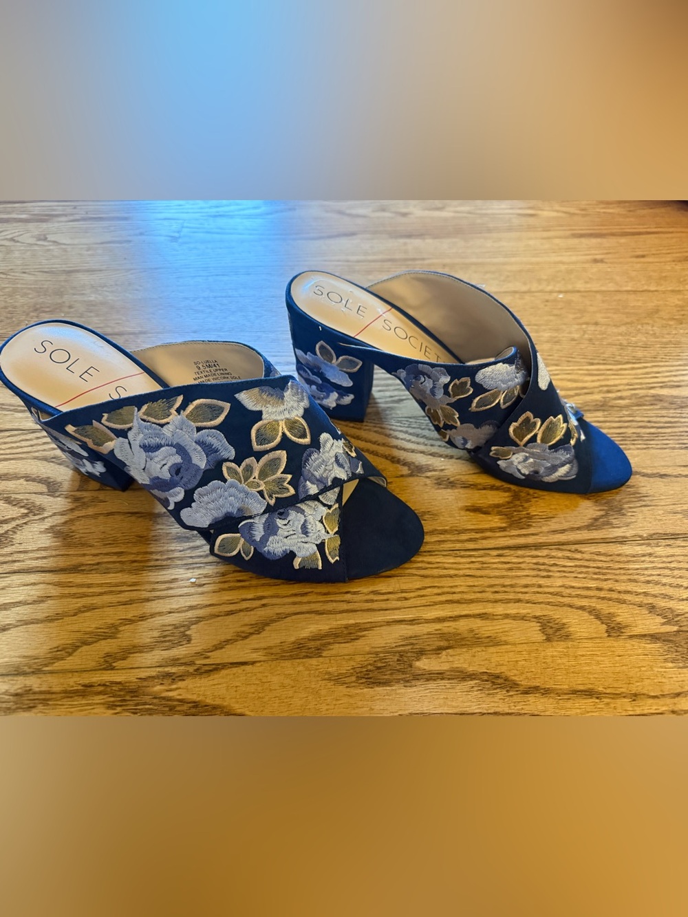 Sole Society Navy Embroidered Jacquard Floral Block Heel Mules